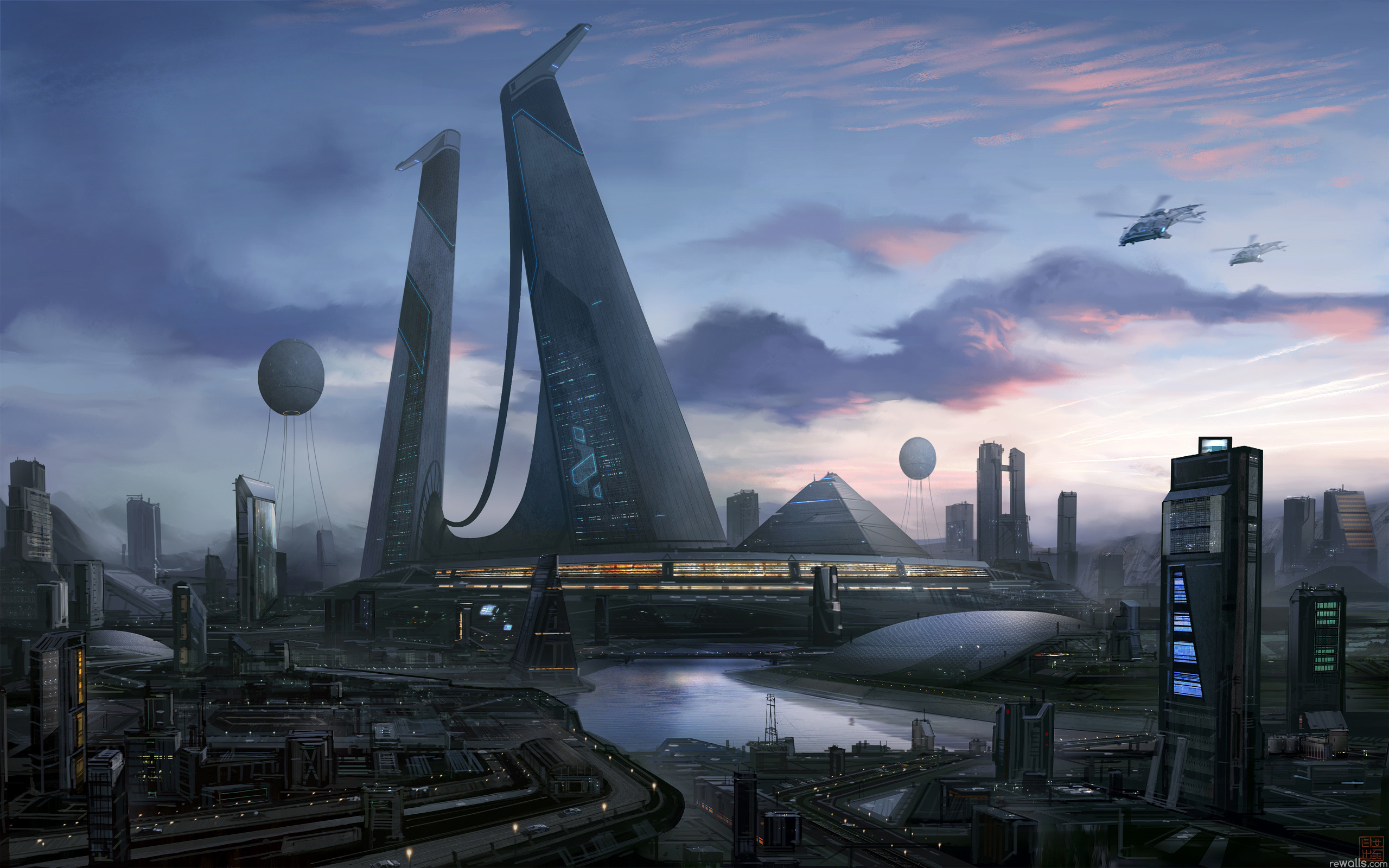 futuristic city towers