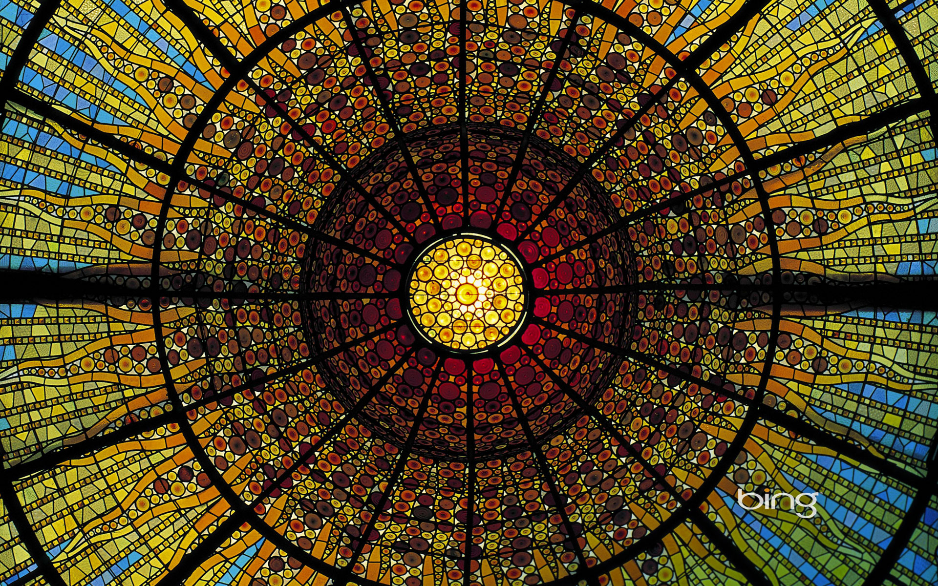 Stained-glass ceiling of the Palau de la Musica Catalana, Barcelona, Spain
